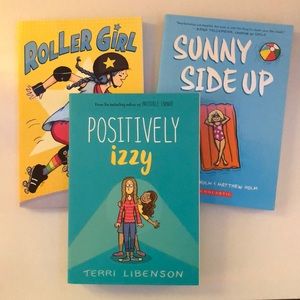 3 graphic novels: positively Izzy, sunny side up, and roller girl